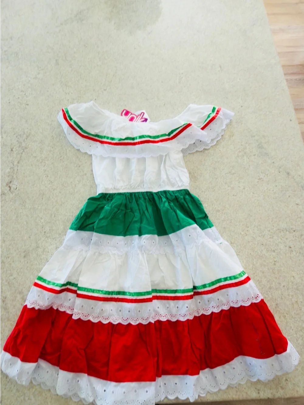 Unik Girls' Tricolor Fiesta Dress - White, Green & Red